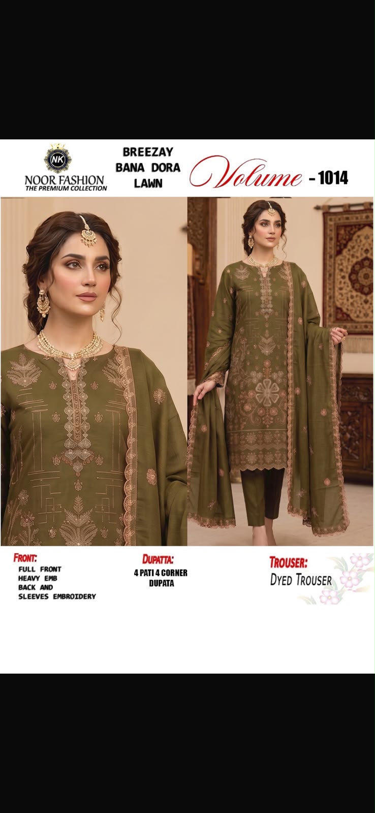 Noor Fashion Breezay Bana Dora Lawn Embroidered 3-Piece Suit | Volume 1014