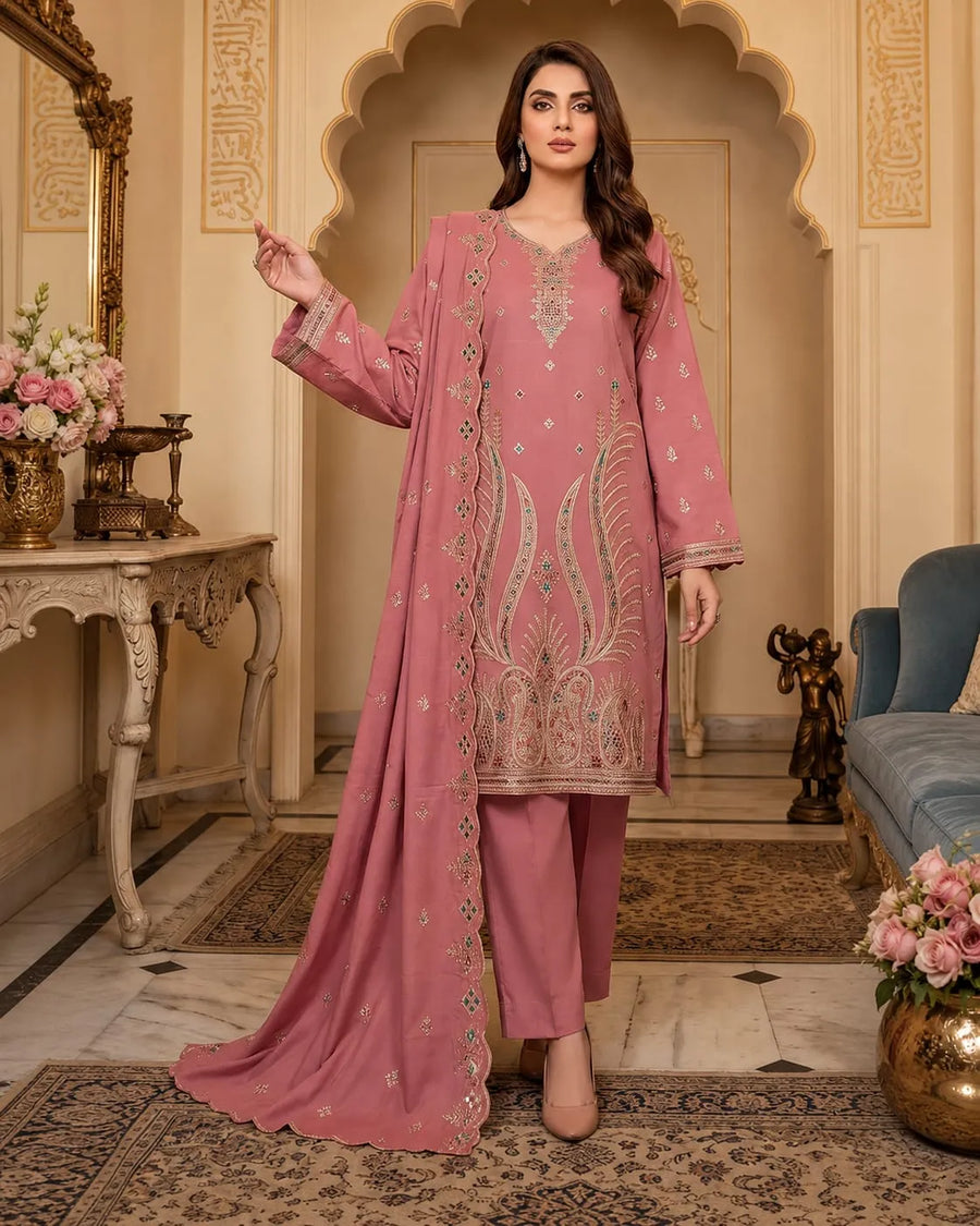 Linen 2-Head Full Embroidered 3-Piece Suit