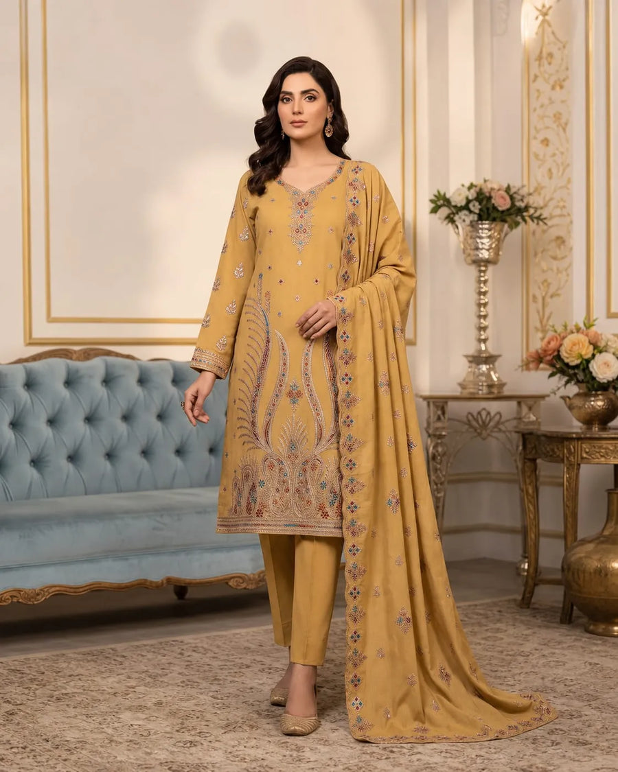 Linen 2-Head Full Embroidered 3-Piece Suit
