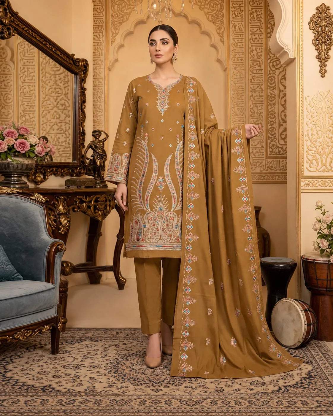 Linen 2-Head Full Embroidered 3-Piece Suit