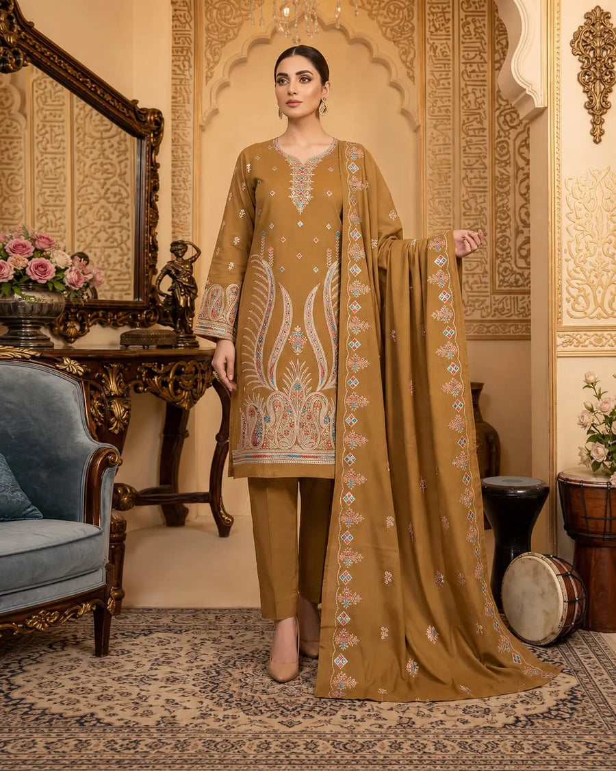 Linen 2-Head Full Embroidered 3-Piece Suit