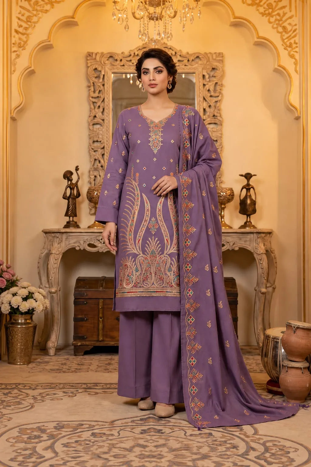 Linen 2-Head Full Embroidered 3-Piece Suit