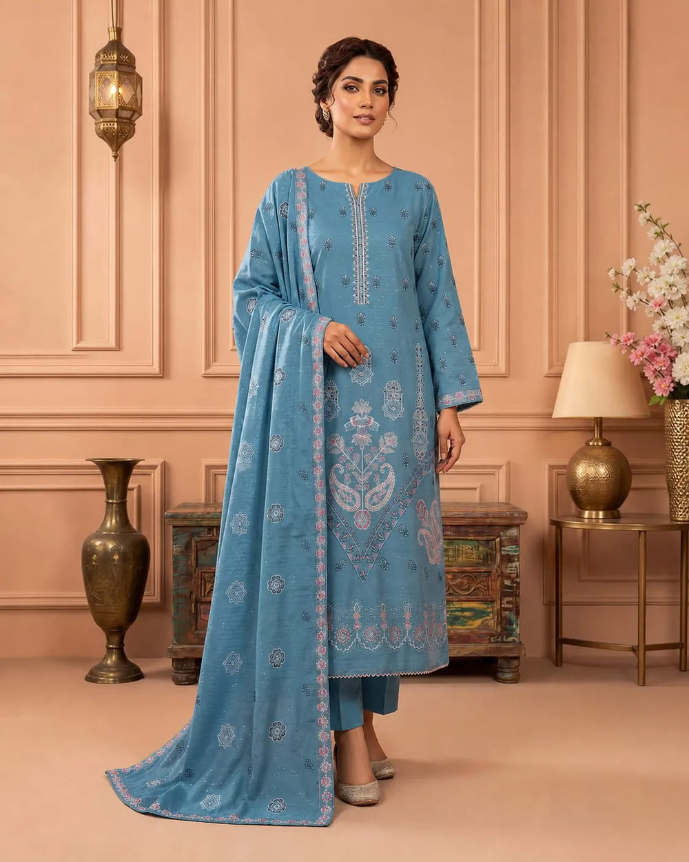 Noor Fashion Vol-231 | Peach Crystal Dhanak 2-Head Full Embroidered 3-Piece Suit