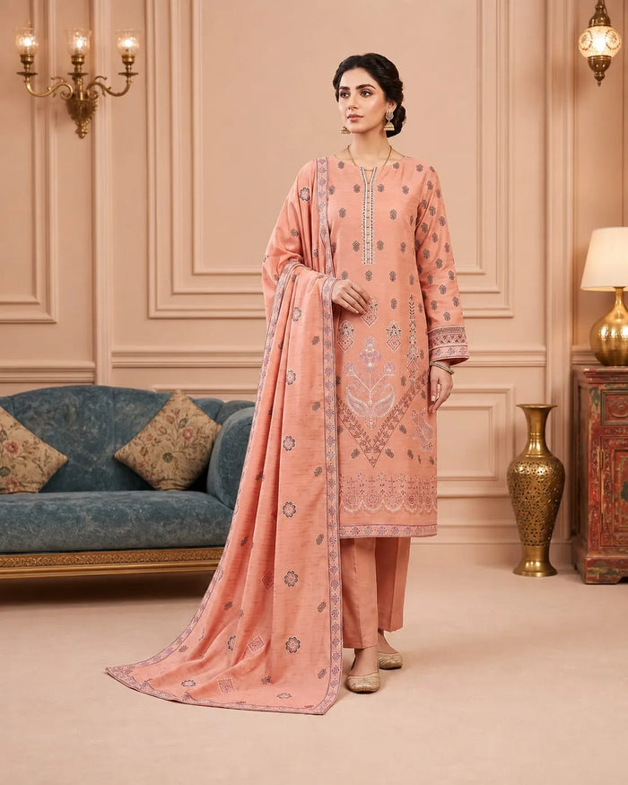 Noor Fashion Vol-231 | Peach Crystal Dhanak 2-Head Full Embroidered 3-Piece Suit