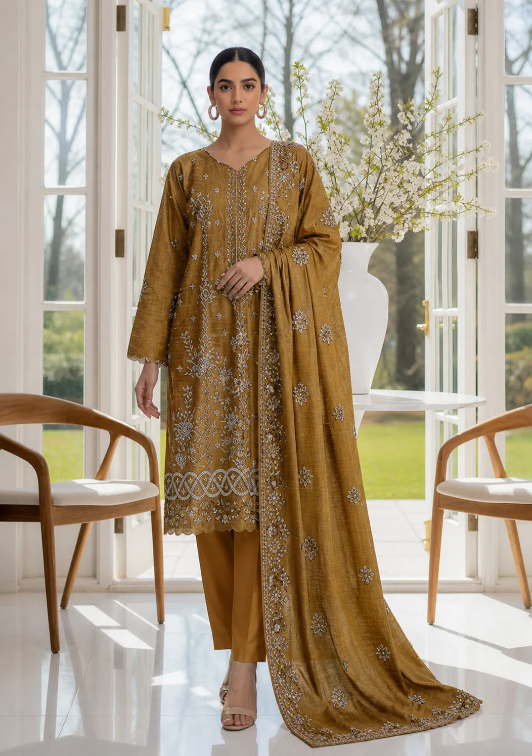 Crystal Dhanak Embroidered 3-Piece Suit | VOL-301