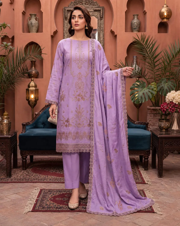 Noor Fashion Vol-225 | Dhanak Crystal 2-Head Embroidered 3-Piece Suit – Lavender Lilac