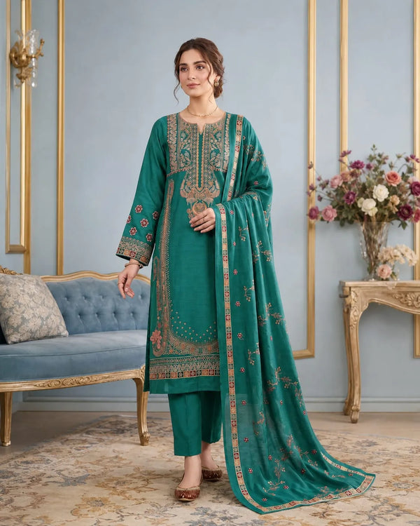Noor Fashion Vol-232 | Kotrai Velvet 2-Head Embroidered 3-Piece Suit – Olive Green