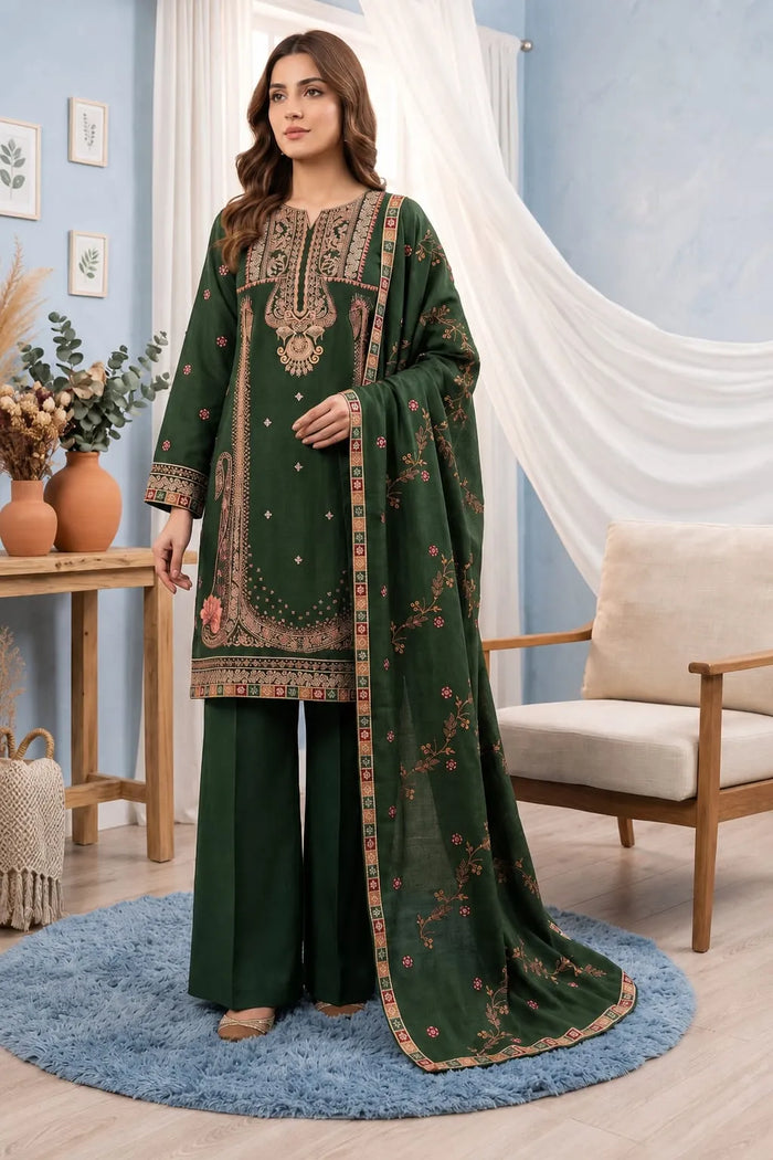 Noor Fashion Vol-232 | Kotrai Velvet 2-Head Embroidered 3-Piece Suit – Olive Green